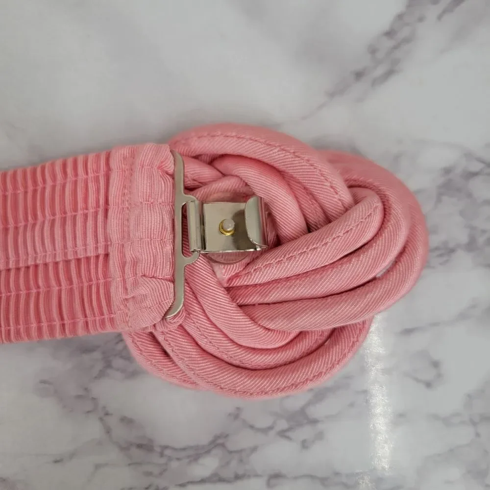 Vintage 80s Baby Pink Celtic Knot Rope Buckle Smocked Fabric Stretch Belt